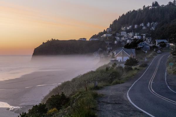 Oceanside village at sunset